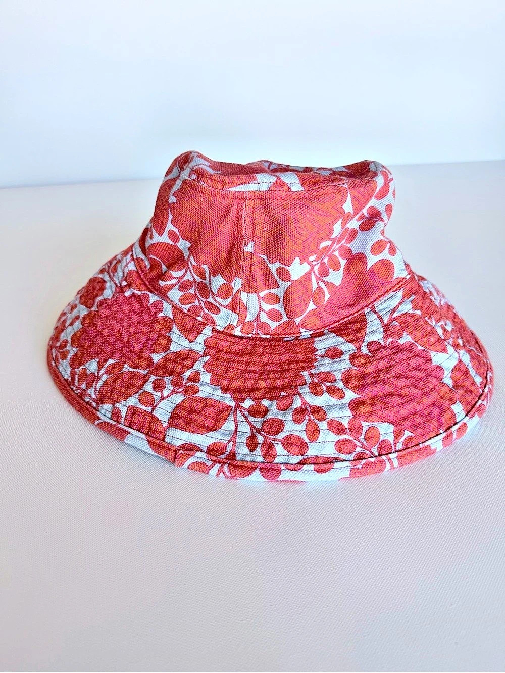 Boden Floral Wide Brim Bucket Sun Hat Coral Pink Baby Blue Cotton
